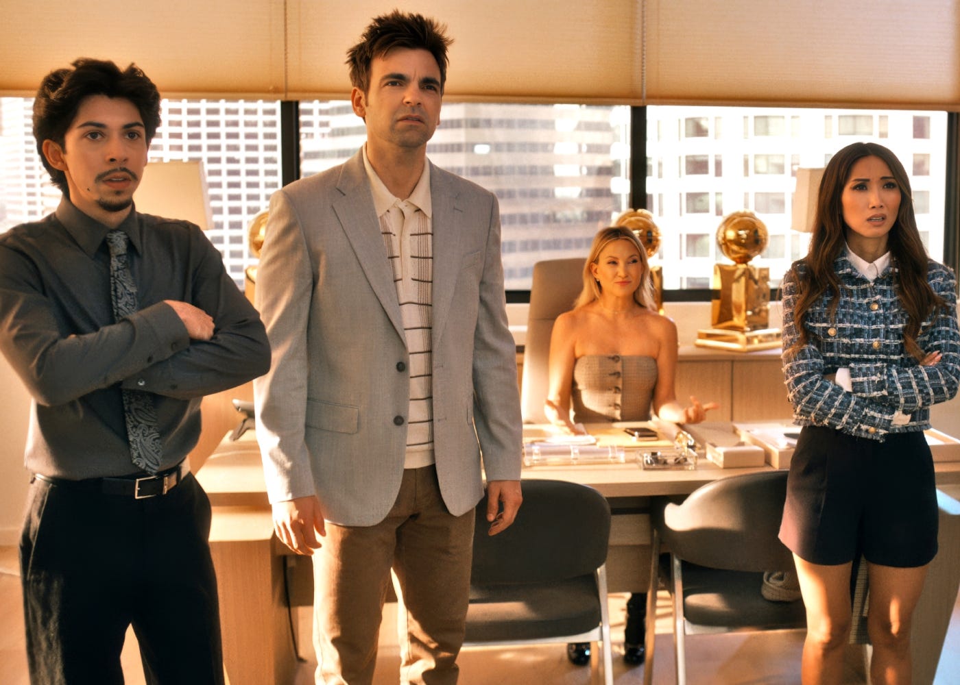 Fabrizio Guido, Drew Tarver, Kate Hudson, and Brenda Song on Running Point season 2