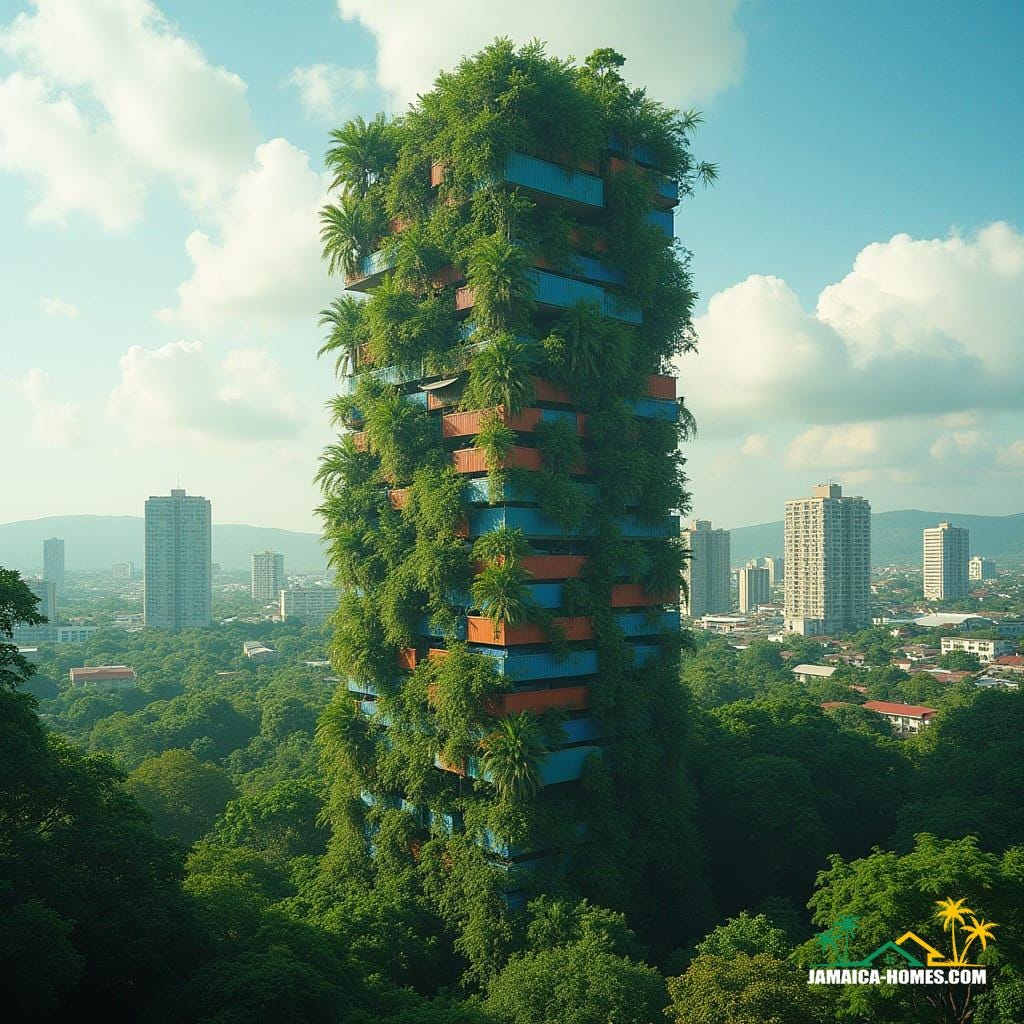 Vertical Jungle Towers: Biophilic skyscrapers where vines and tropical trees weave through stacked container homes