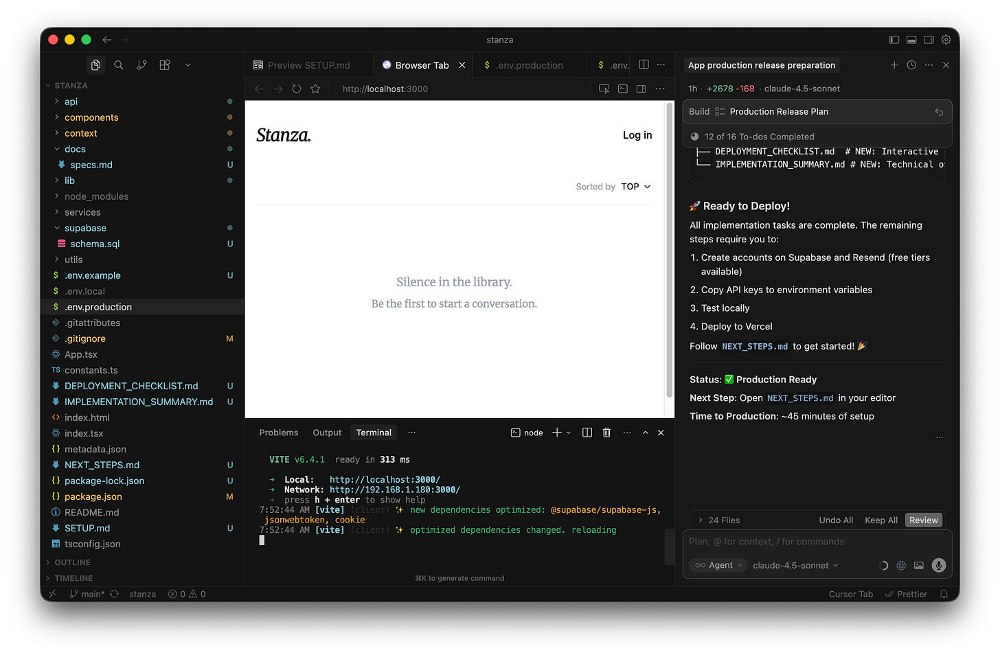 The Cursor interface displays the local Stanza homepage running inside an integrated browser tab. The Cursor interface displays the local Stanza homepage running inside an integrated browser tab.