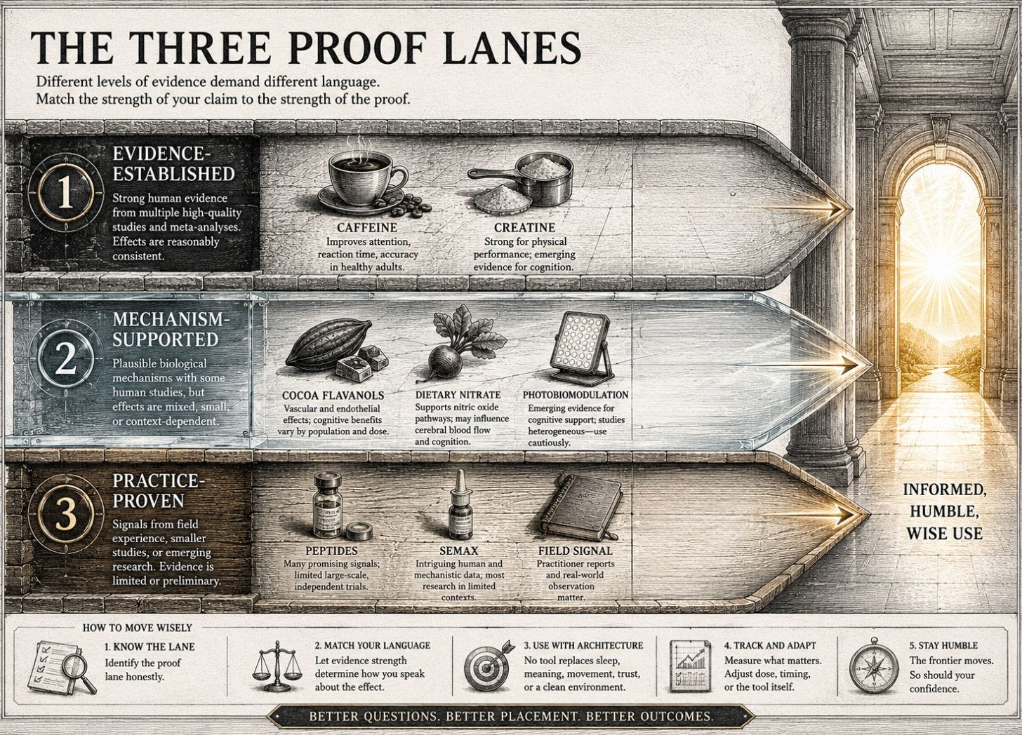 Three proof lanes compare evidence-established, mechanism-supported, and practice-proven state-support tools with examples and language rules.