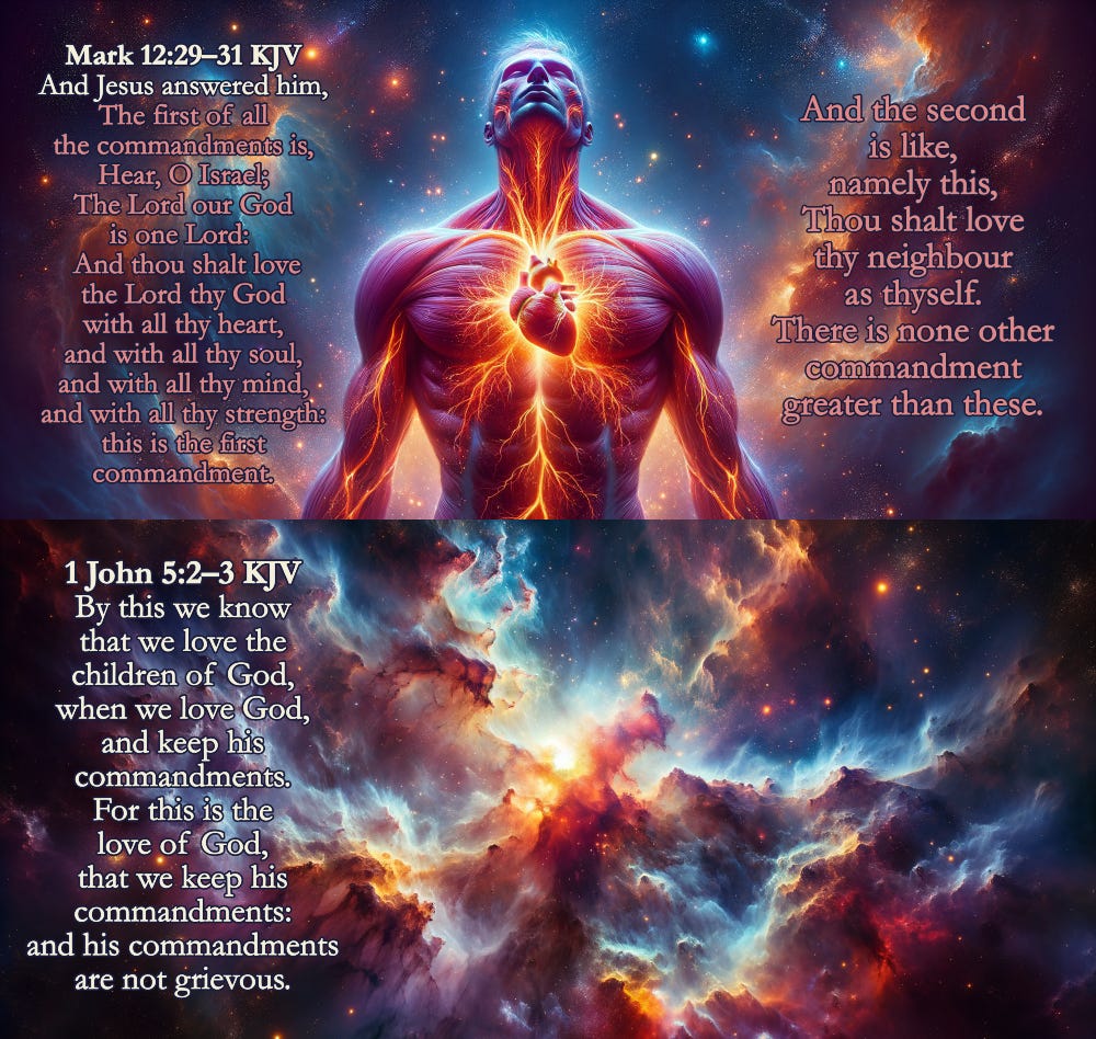 Powerful **Mark 12:29-31 KJV** and **1 John 5:2-3 KJV** scripture art. The top panel features a glowing, muscular figure with energy radiating from his heart, symbolizing love for God and others as the greatest commandments. The bottom panel showcases a stunning cosmic nebula, representing divine love and obedience to God's commandments. The combination of vibrant, celestial, and spiritual themes enhances the inspirational message.