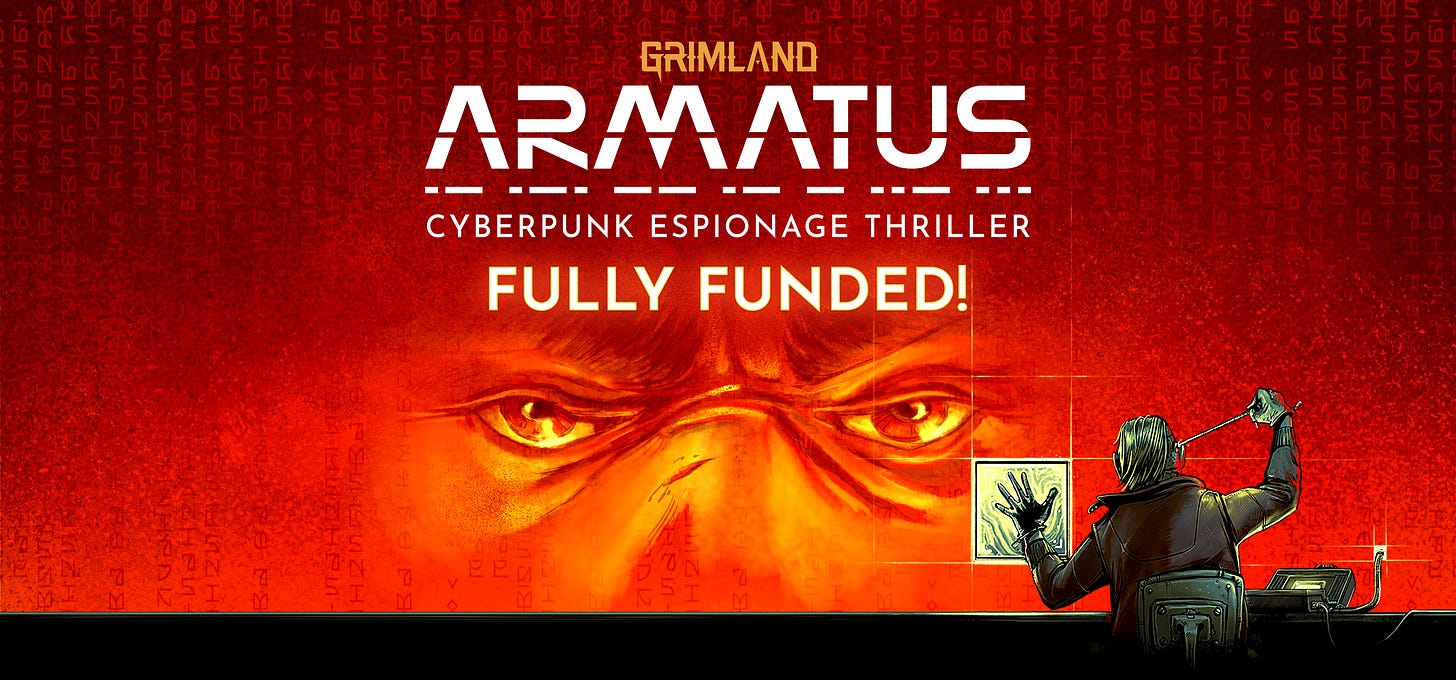 Armatus l, below a text that says fully funded. Eyes staring in the background and a man pulling a wire out of his head in the foreground
