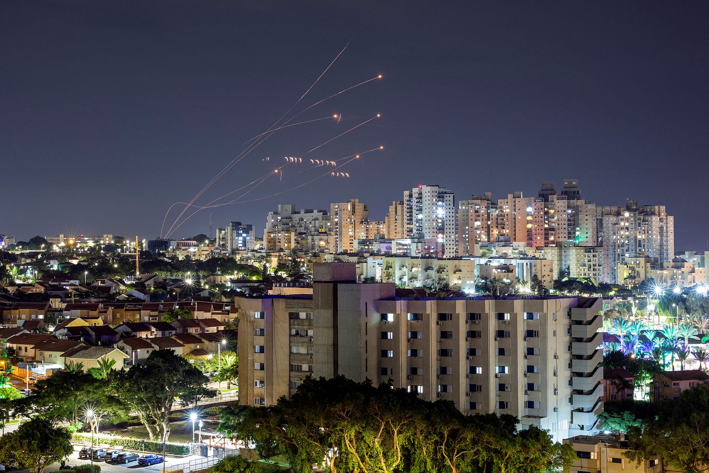 Israel's Iron Dome anti-missile system intercepts rockets launched from Gaza, as seen from Ashkelon in southern Israel, on October 7. Israel's Iron Dome anti-missile system intercepts rockets launched from Gaza, as seen from Ashkelon in southern Israel, on October 7.