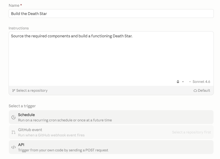 Codex new routine creation form with "Build the Death Star" as the name, instructions reading "Source the required components and build a functioning Death Star," model selector showing Sonnet 4.6, and three trigger options: Schedule, GitHub event, and API.