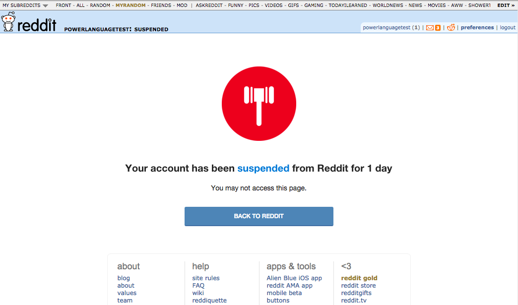 Reddit suspension notice showing an account temporarily banned for one day.
