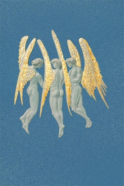 This may contain: three angels flying in the sky with their wings spread out and one is holding another's head