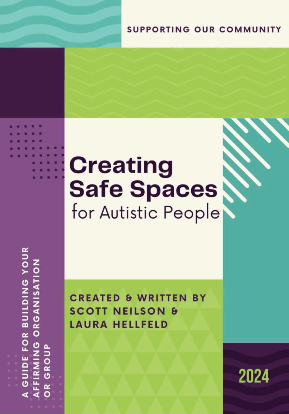 An image of the cover of the book 'Creating Safe Spaces for Autistic People'. The book has a variety of blue, green and purple geometric shapes. The title is in purple. 