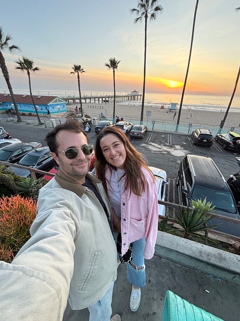 Three 0.5 selfies. The first is at Manhattan Beach during sunset. The second is at the Pantheon in Paris. The third is in Dewey Beach.