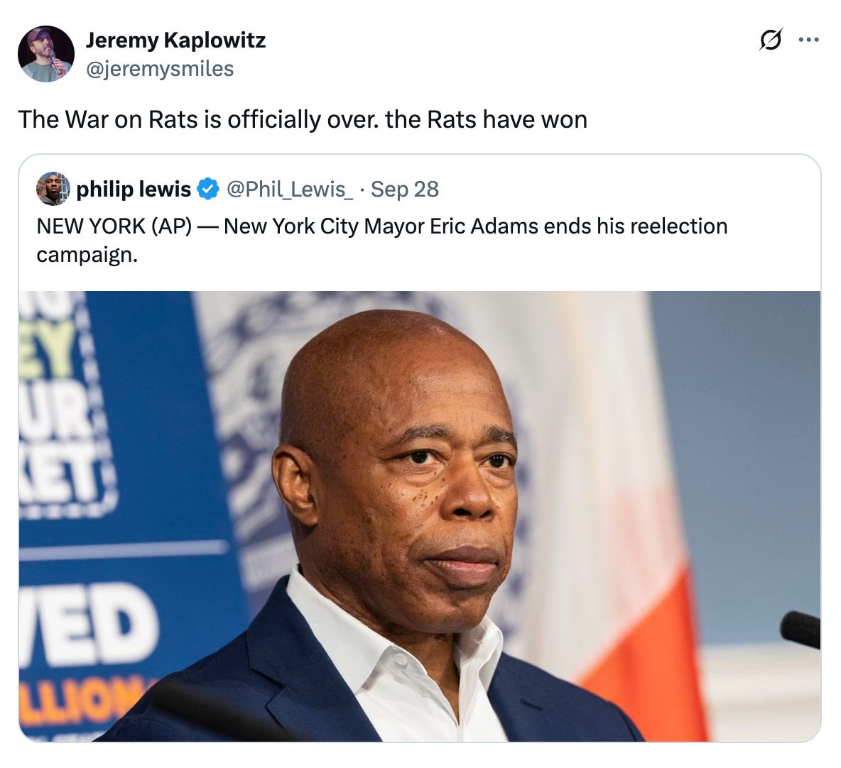 A tweet discussing Eric Adams dropping out of the race that says "The War on Rats is officially over. The Rats have won"
