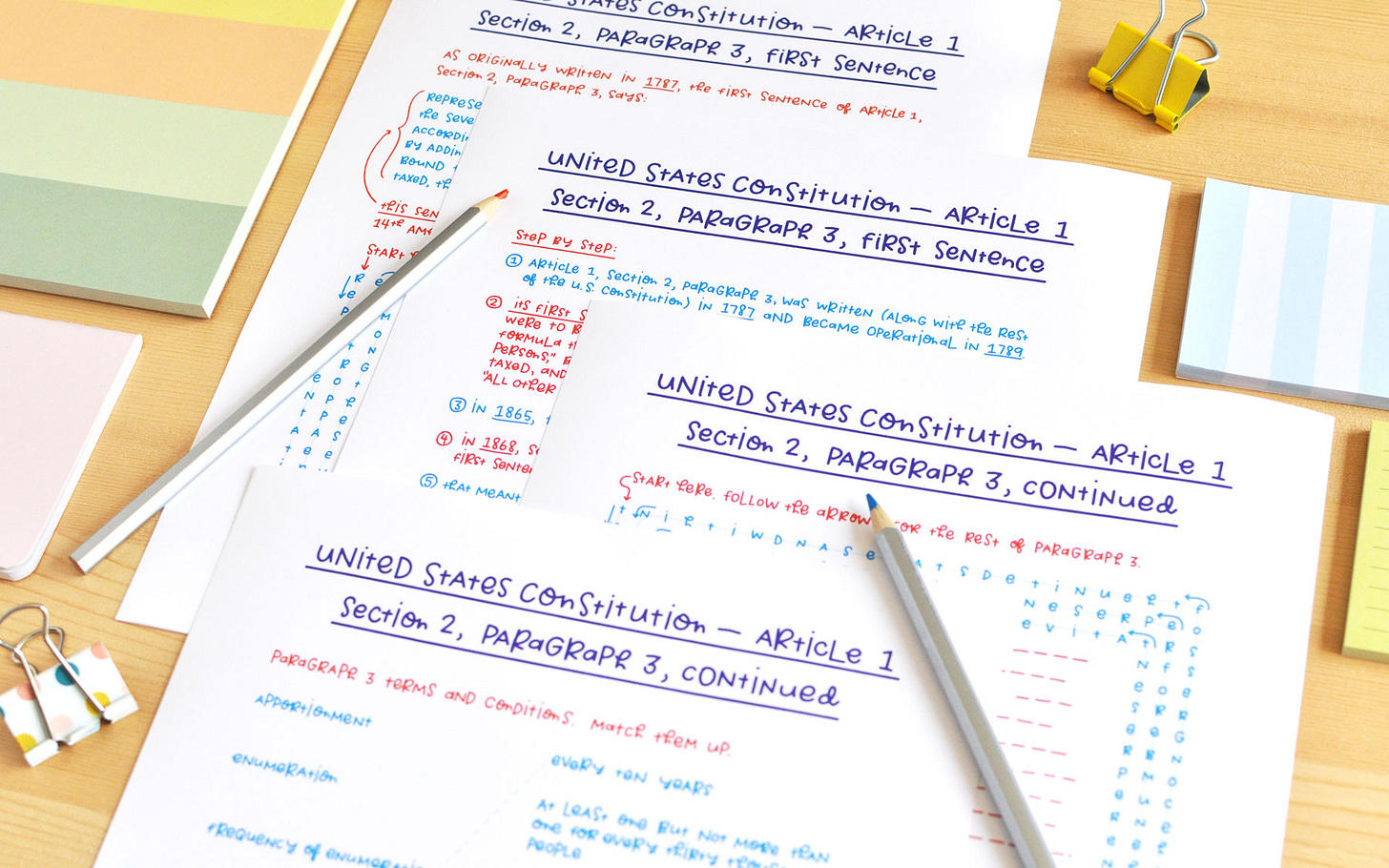 A peek at four handwritten pages exploring Article 1, Section 2, Paragraph 3 of the U.S. Constitution. Shown with colourful pencils, clips, and notepads.