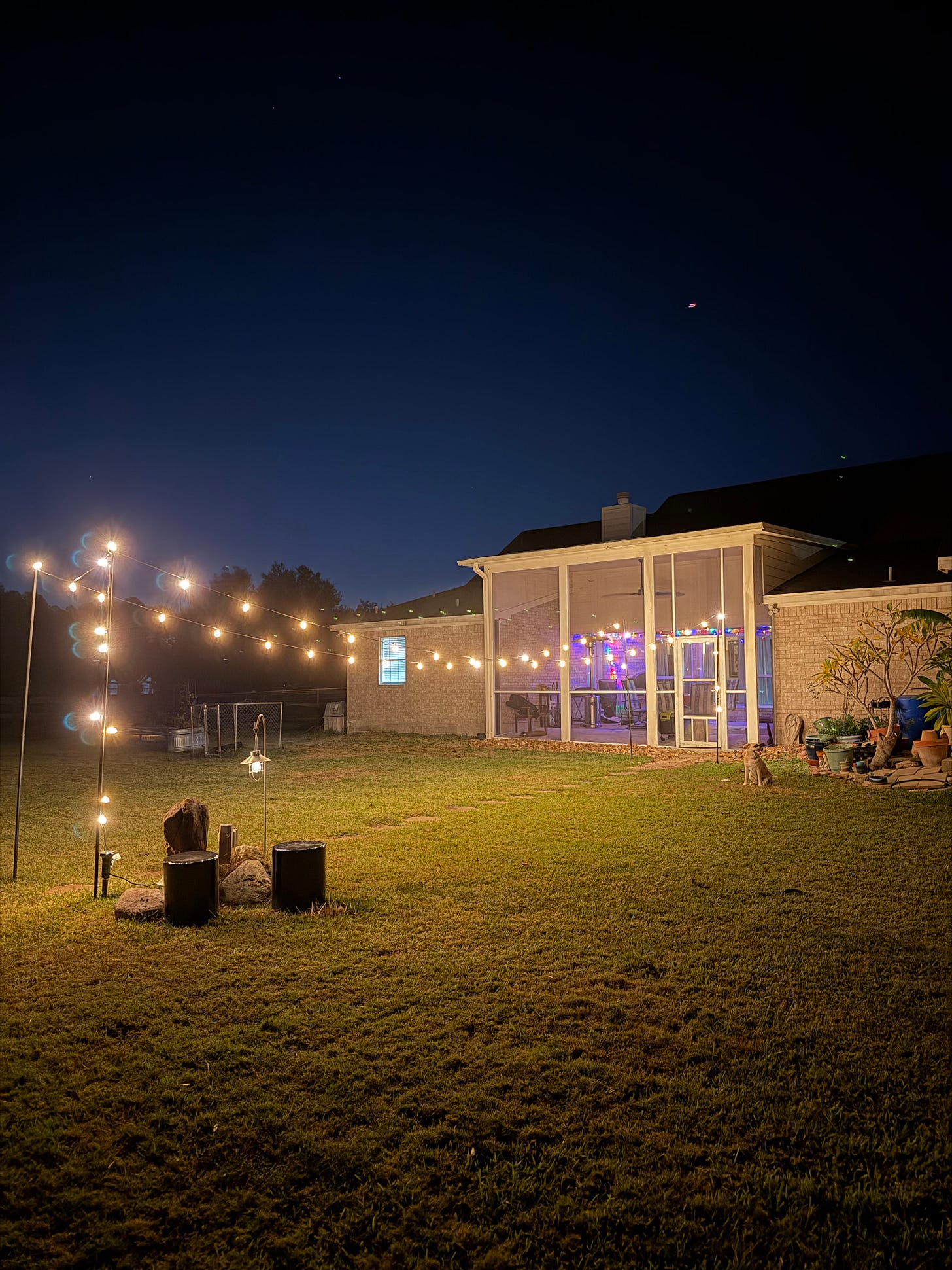 A house with a green yard; the sky is dark because it's night and there are lights lining a pathway from the back door