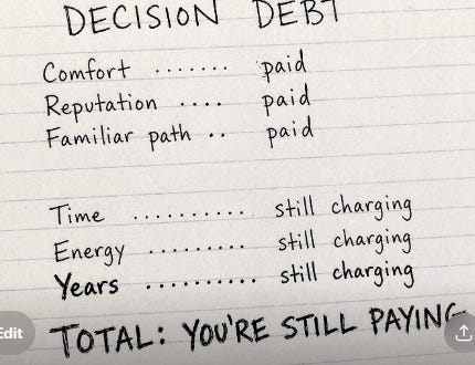 Hand-drawn notebook page titled “Decision Debt.” A list shows “Comfort,” “Reputation,” and “Familiar path” marked as paid, followed by “Time,” “Energy,” and “Years” labeled “still charging.” At the bottom, it reads “Total: You’re still paying.”