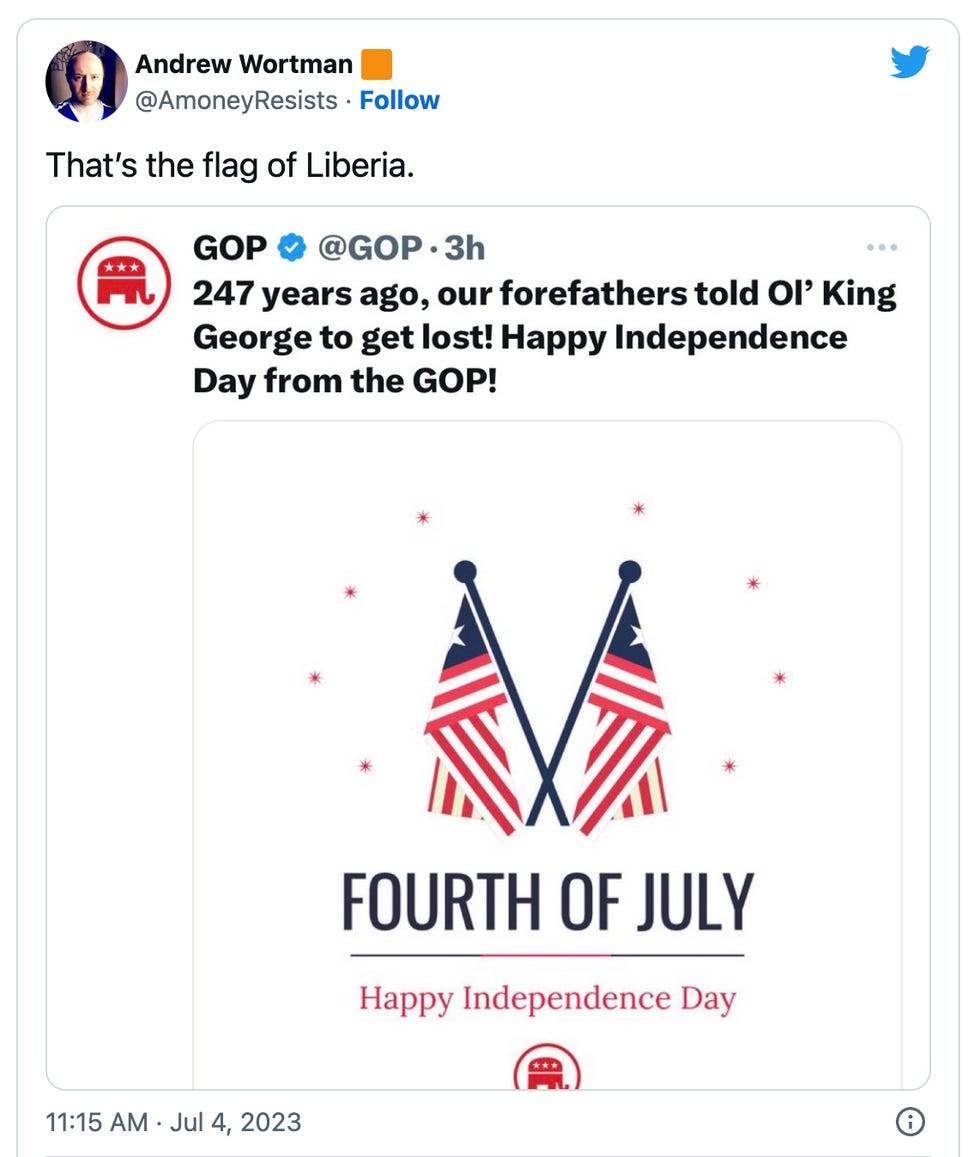 RNC tweet, with user Andrew Wortman pointing out: That's the flag of Liberia. RNC tweet, with user Andrew Wortman pointing out: That's the flag of Liberia.
