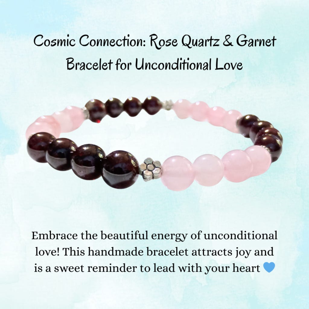 Cosmic Connection_ Rose Quartz & Garnet Bracelet for Unconditional Love, Embrace the beautiful energy of unconditional love! This handmade rose quartz and garnet bracelet attracts joy and is a sweet reminder to lead with your heart 💙