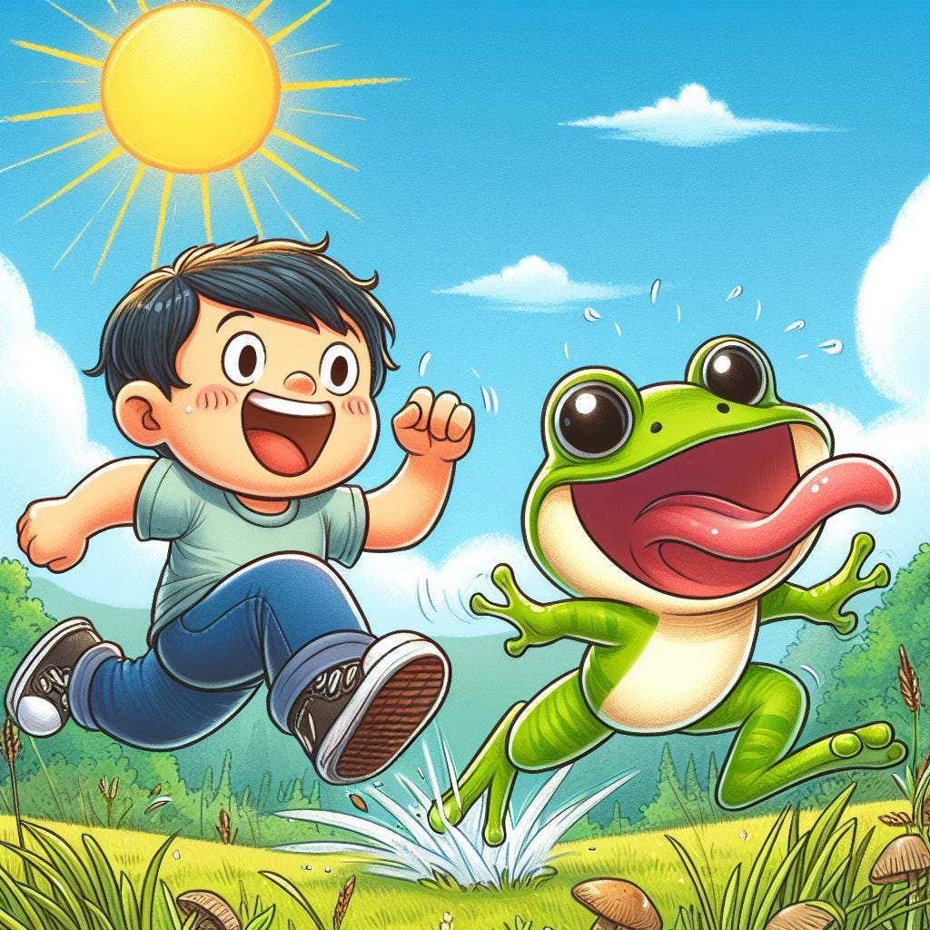 A grinning boy, running after a happy frog!