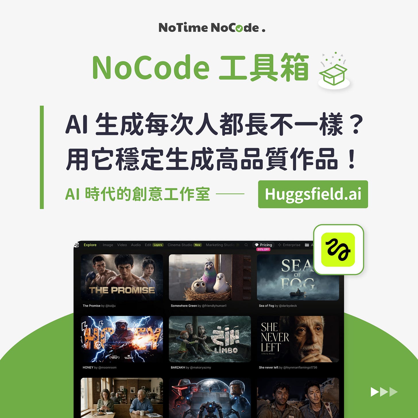 NoTime NoCode 的 Higgsfield 工具介紹封面，主題為用 AI 穩定生成同一人物的圖片與影片