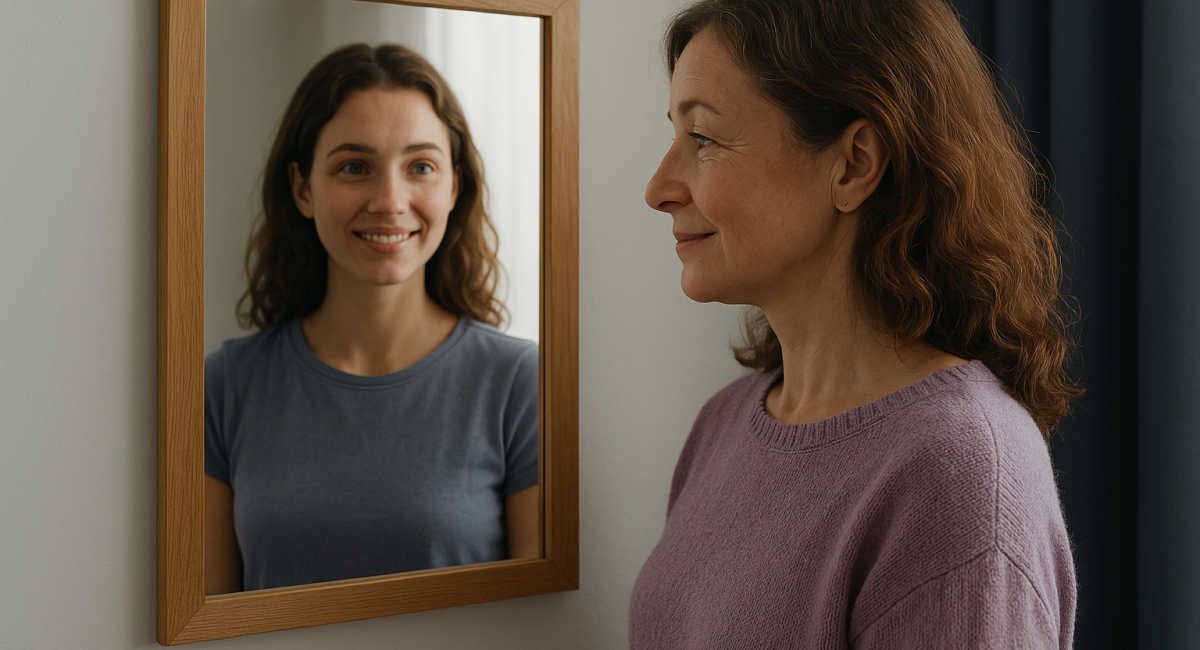 An older woman seeing a younger version of herself in the mirror, symbolic of decluttering, reflection and self discovery An older woman seeing a younger version of herself in the mirror, symbolic of decluttering, reflection and self discovery