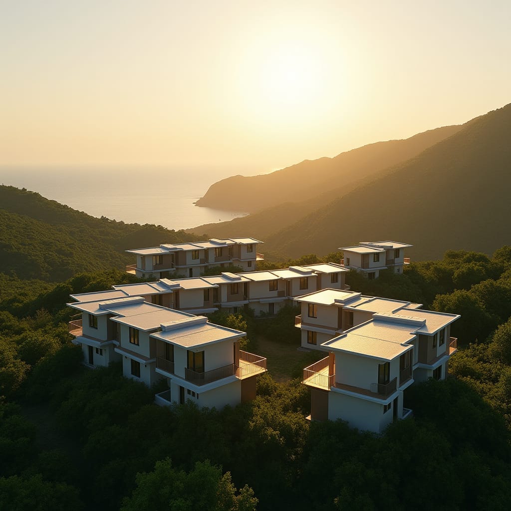 Ten individual modern, two-bedroom, two-story residential units are set across a picturesque hillside in the countryside of Gibraltar, Jamaica. These homes are designed in an L-shaped layout, offering stunning views of the surrounding mountains and a partial view of the sea. Perfectly positioned to capture the beauty of nature, each unit blends modern living with the serenity of Jamaica's countryside.