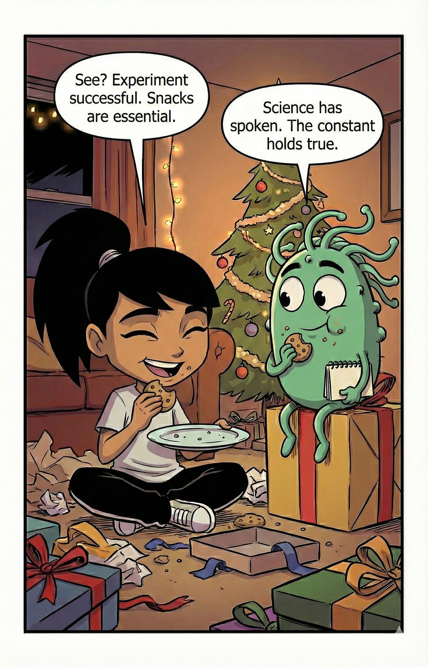 Zara and Omie happily eating cookies together amidst wrapped gifts. Zara declares the experiment successful; Omie says science has spoken.