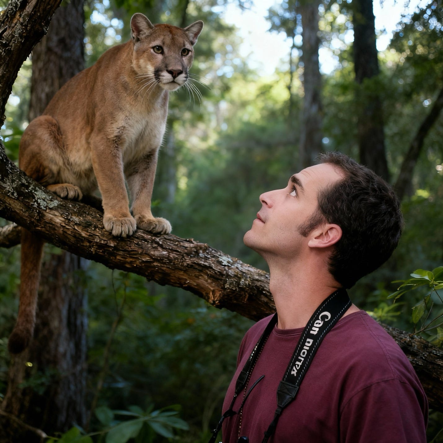 A person looking at a cat on a tree branch

AI-generated content may be incorrect.