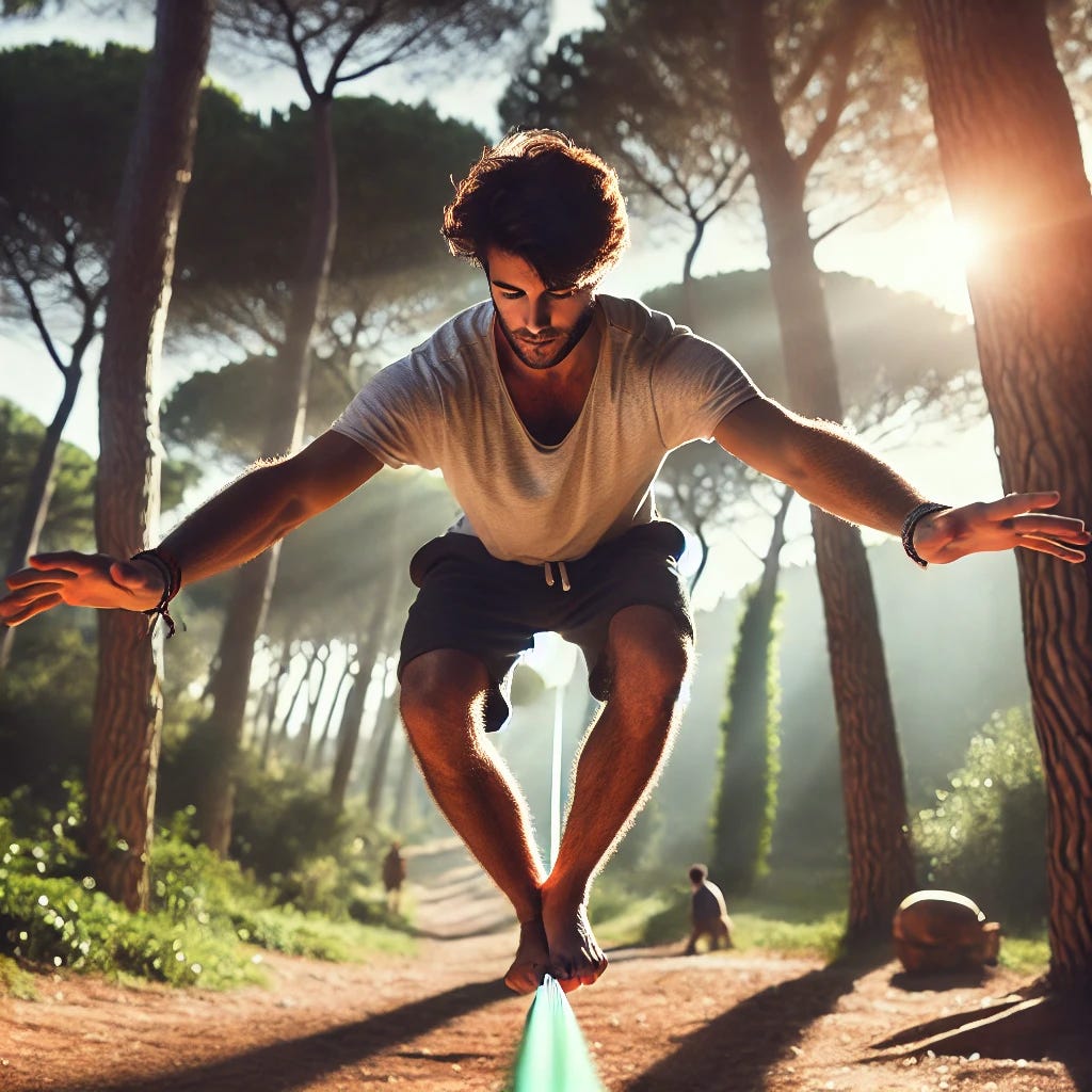A person balancing on a slackline, suspended between two trees in an outdoor setting. They have a focused expression, arms outstretched for balance, and a slight bend in their knees to maintain stability. The background features a natural landscape with trees and sunlight filtering through the leaves. The image captures the tension in the slackline and the challenge of maintaining equilibrium, emphasizing movement and control.