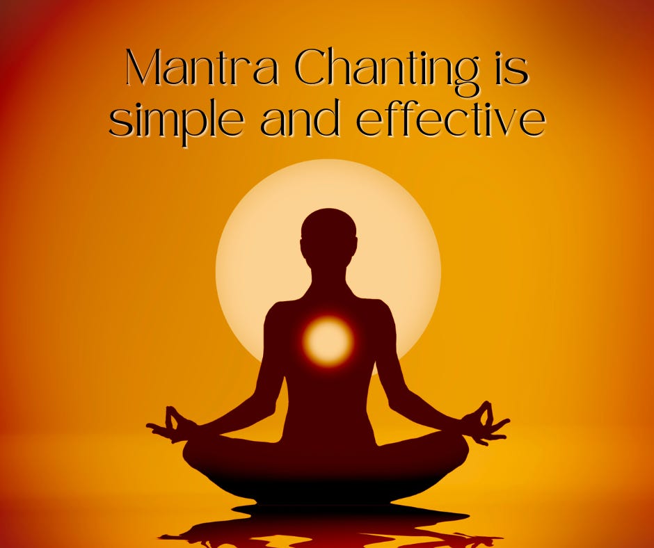 silhouette meditating with glowing heart chakra and text stating mantra chanting is simple and effective