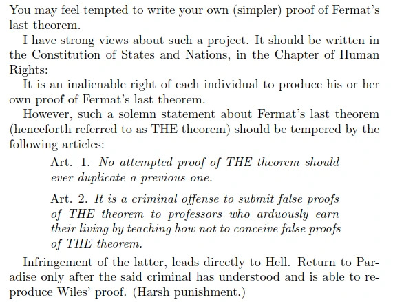 Humorous text that describes our 'inalienable right' to generate Fermat proofs, but also certain articles about the consequences of false proofs'