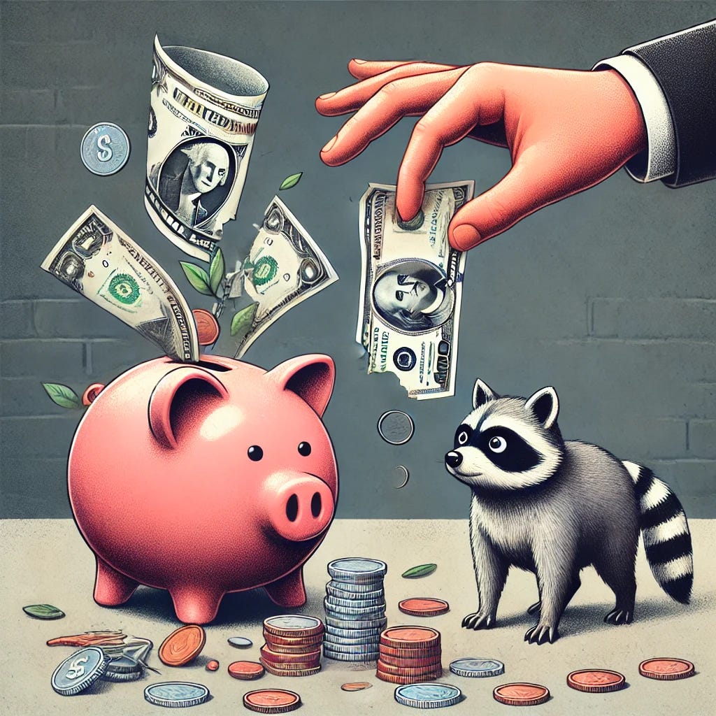 A thought-provoking illustration of a piggy bank being broken open, with dollar bills and coins spilling out, and a clever raccoon inspecting the money. The scene highlights the concept of changing from subscription to one-time payments, with a playful and curious vibe. The raccoon adds an element of mischief, engaging with the financial elements.