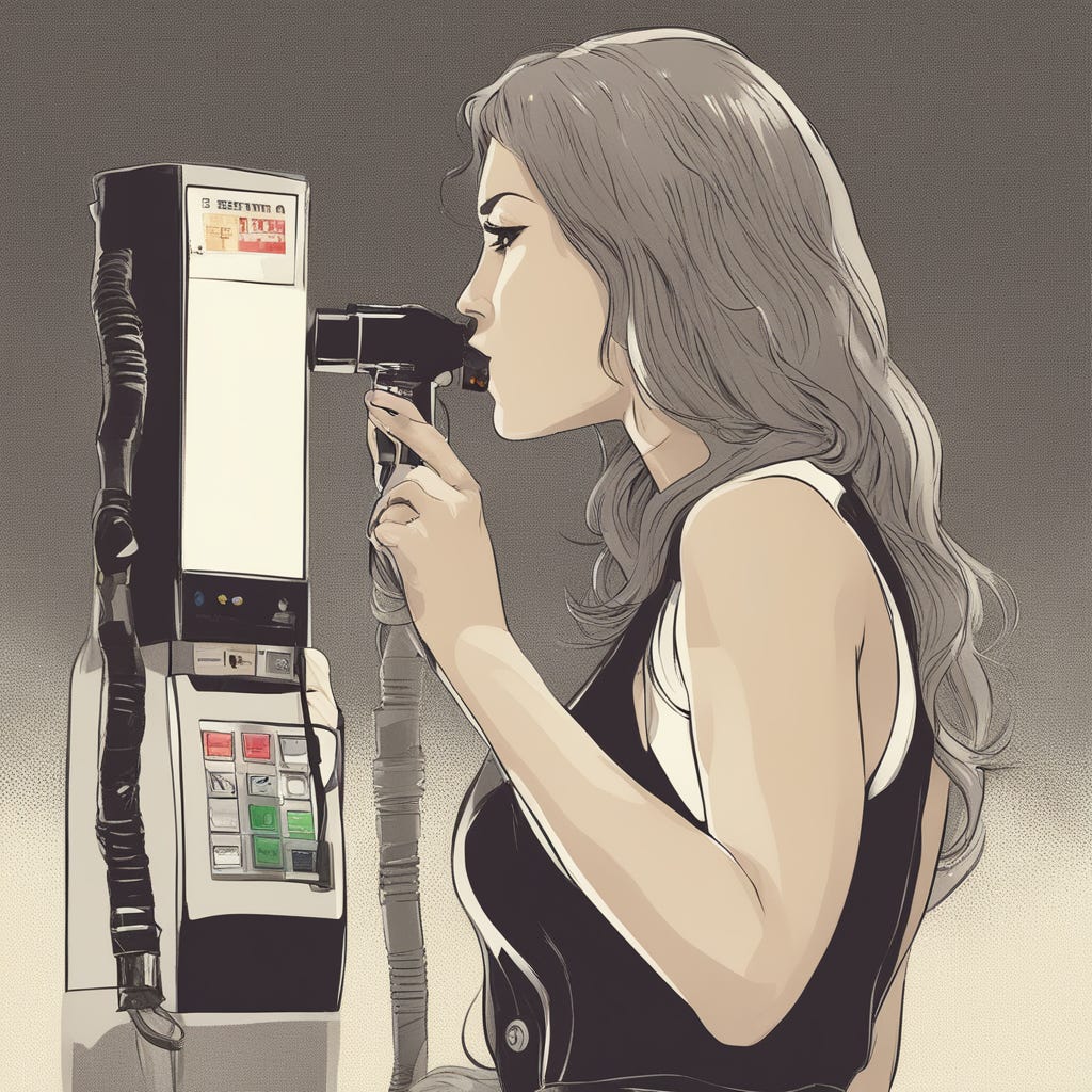 Woman providing a breath sample into a breathalyzer