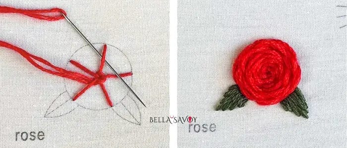 woven wheel with needle weaving through spokes. Finished rose flower emroidery on the right