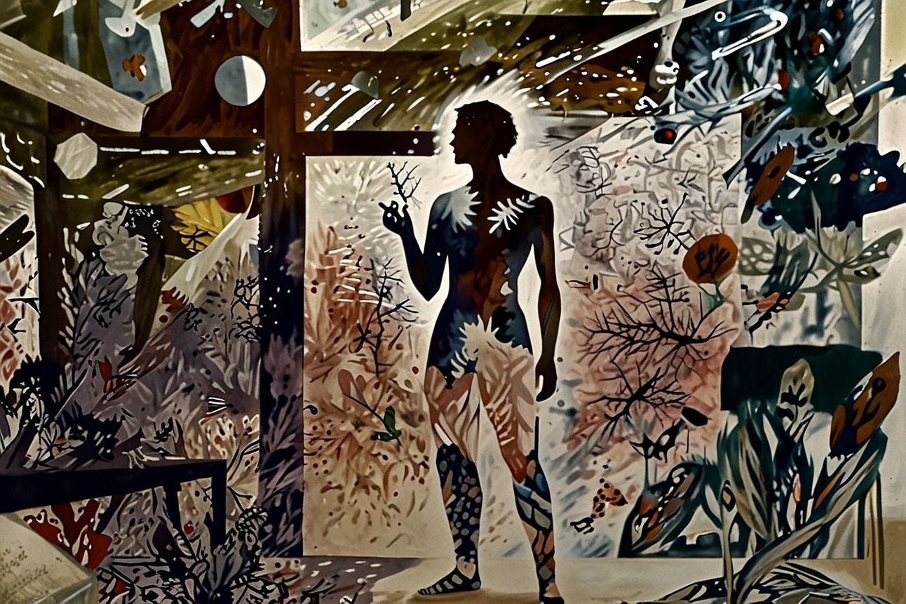 An artistic rendering of a figure, leaves and natural elements abound.