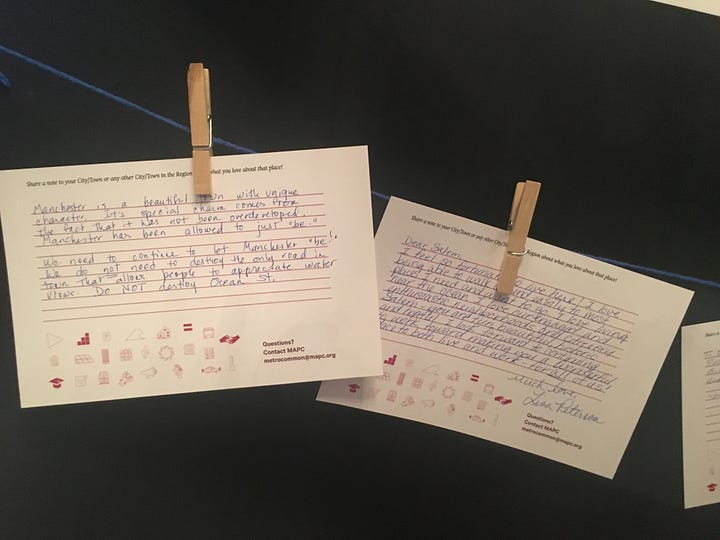 The photo on the left shows several postcards. The two that are visible are the postcard that asks, “What makes Worcester Worcester? with answers including “drug fights” “hate crimes” and “trash” and the other that asks “What does Worcester feel like?” with the answer “Worcester feels like home! I love it here!”. The photo on the right shows two postcards with paragraph-long handwritten responses to the prompt, “Share a note to your City/Town or any other City/Town in the Region about what you love about the place.”