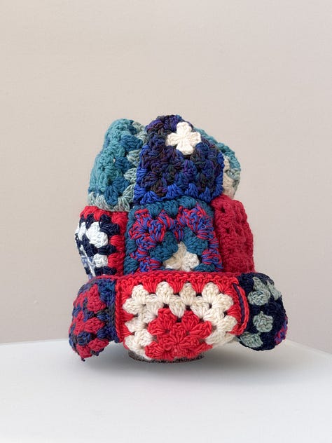 Teal and red granny crochet patchwork beanie