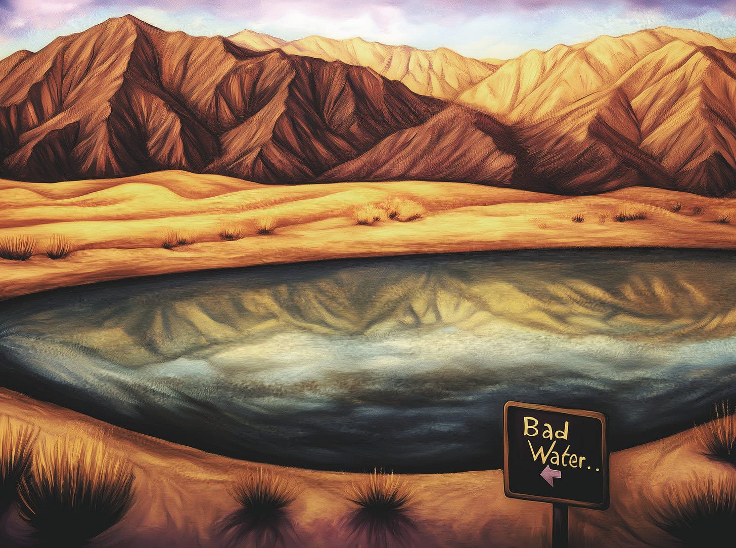 Painted desert landscape with layered mountains in rust and gold under purple sky, golden dunes with scattered sagebrush leading to dark poisonous water reflecting the ridges above, and a hand-painted sign reading “Bad Water..” marking the actual Badwater Basin at Death Valley’s lowest point — 282 feet below sea level — which the author visited in the 1980s, a location referenced in the poem about estrangement, survival, and living shamelessly. Painted desert landscape with layered mountains in rust and gold under purple sky, golden dunes with scattered sagebrush leading to dark poisonous water reflecting the ridges above, and a hand-painted sign reading “Bad Water..” marking the actual Badwater Basin at Death Valley’s lowest point — 282 feet below sea level — which the author visited in the 1980s, a location referenced in the poem about estrangement, survival, and living shamelessly.