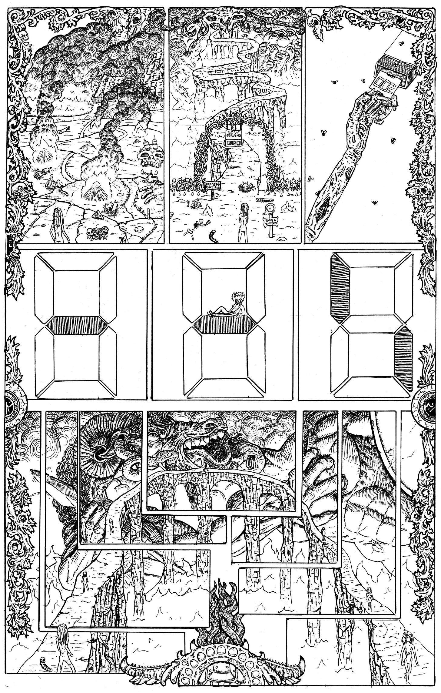 Inks for page 8. Skin girl arrives at the 100-year bridge and takes a ticket. She is number 2.