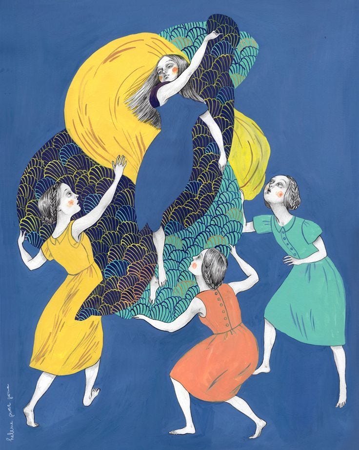 This may contain: an image of three women dancing together in the dark blue sky with yellow and green colors This may contain: an image of three women dancing together in the dark blue sky with yellow and green colors