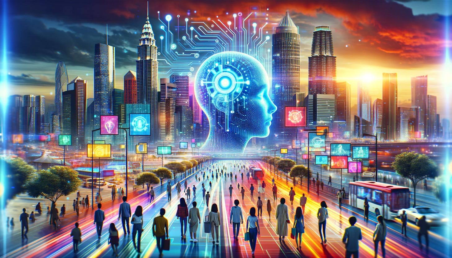 A vibrant and dynamic image showcasing a futuristic cityscape with advanced AI technology. Prominent landmarks feature digital billboards displaying AI graphics. In the foreground, diverse people are interacting with AI devices, showcasing a blend of technology and human activity. The atmosphere is energetic and inviting, highlighting the theme of AI and its future implications. A vibrant and dynamic image showcasing a futuristic cityscape with advanced AI technology. Prominent landmarks feature digital billboards displaying AI graphics. In the foreground, diverse people are interacting with AI devices, showcasing a blend of technology and human activity. The atmosphere is energetic and inviting, highlighting the theme of AI and its future implications.