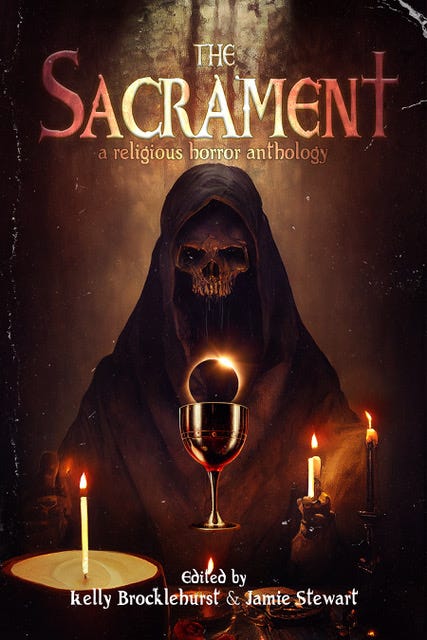 Book cover of a skeleton in a cowl holding a golden chalice