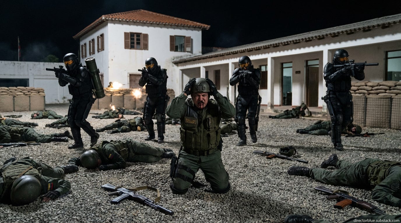 Cinematic 16x9 photographic composition exterior courtyard between guard barracks and safe house within Fuerte Tiuna military complex night scene of overwhelming tactical defeat Sergeant Major Carlos Espinoza 50s stocky graying Venezuelan mi_image_1