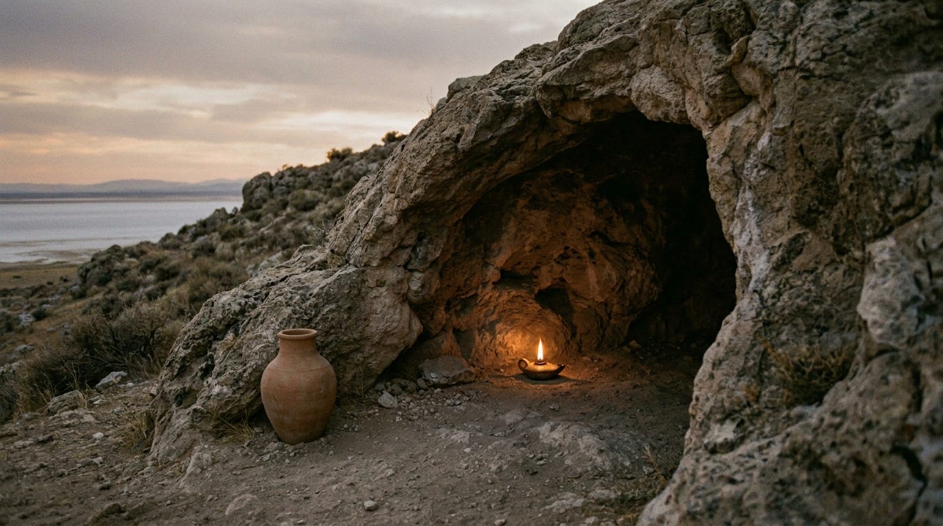 A cave mouth in barren hills at dusk with a small lamp and a clay wine jar, looking down to a pale salt plain, no people, no faces, no text A cave mouth in barren hills at dusk with a small lamp and a clay wine jar, looking down to a pale salt plain, no people, no faces, no text