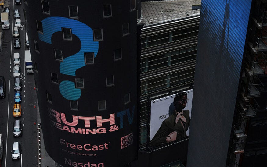 The Nasdaq Market site is seen on the day that shares of Truth Social and Trump Media & Technology Group start trading under the ticker "DJT", in New York City, U.S., March 26, 2024. REUTERS/Shannon Stapleton