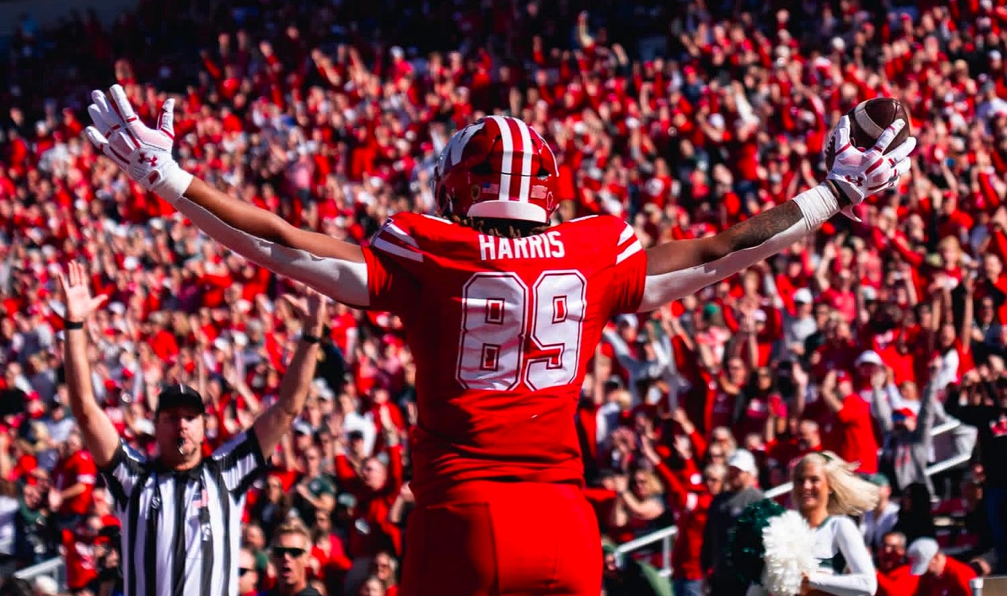 Wisconsin tight end Jacob Harris celebrates a touchdown against Michigan State at Camp Randall Stadium. Wisconsin tight end Jacob Harris celebrates a touchdown against Michigan State at Camp Randall Stadium.