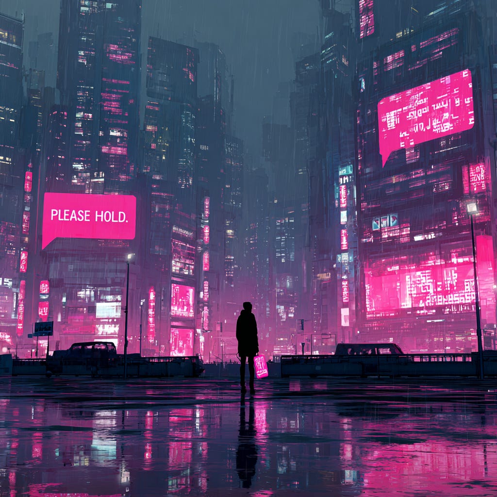 Neon-pink dystopian Akira-style cityscape at night. A small anonymous silhouette stands with their back to the viewer, dwarfed by corporate skyscrapers whose facades display glitching error messages, loading icons, and CAPTCHA challenges instead of windows. A cracked digital billboard above reads "PLEASE HOLD.