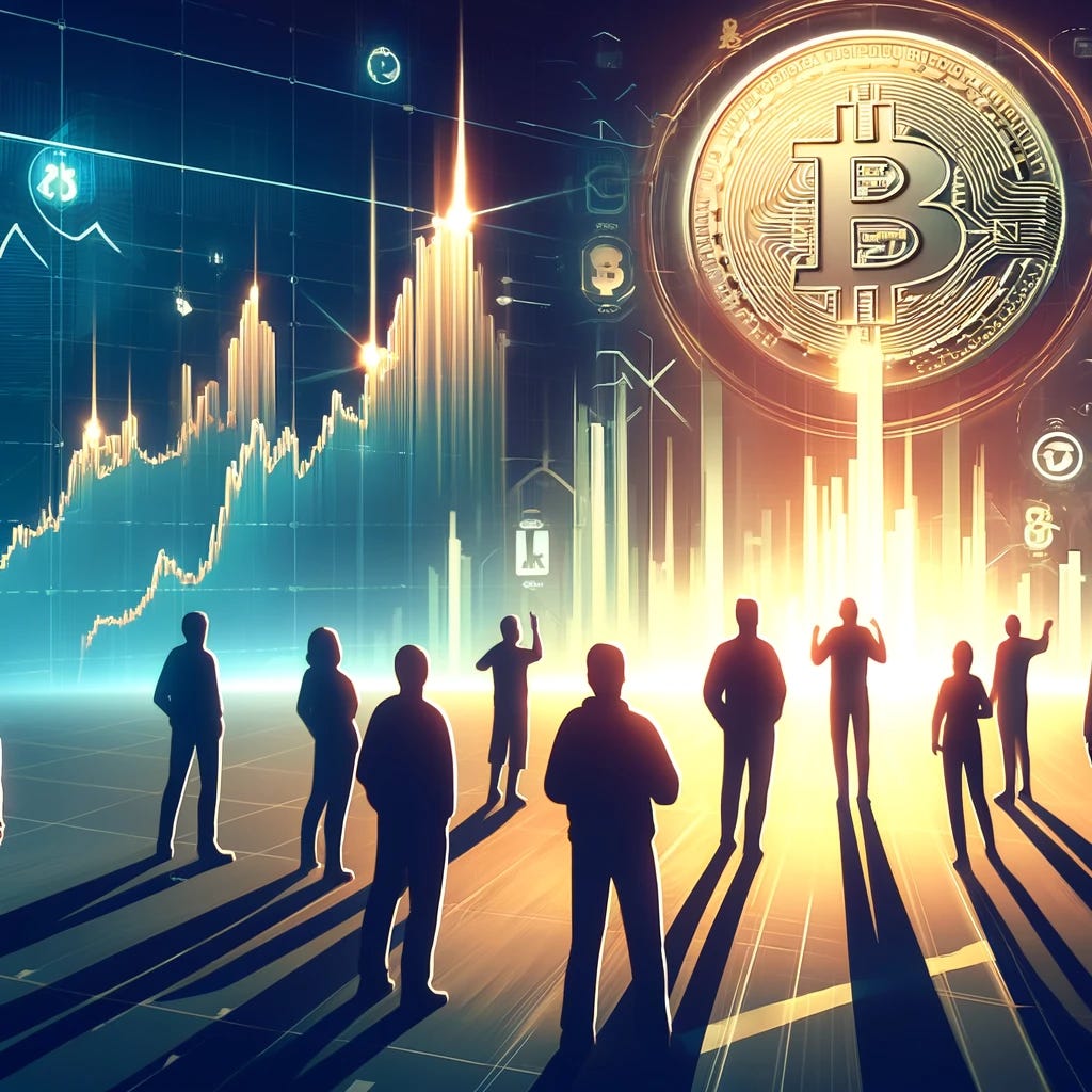 Create a visually engaging image depicting Bitcoin's price milestones and upcoming targets. The image should feature a futuristic Bitcoin chart illustrating its steady rise with highlighted peaks representing past milestones and future targets. Include subtle cues for FOMO, such as a group of silhouetted figures looking toward the chart in awe. The background should have a dynamic, modern look, blending darker hues on the left to represent past challenges, transitioning into brighter tones on the right to signify hope and upcoming market potential. Ensure the image has no text or numbers.