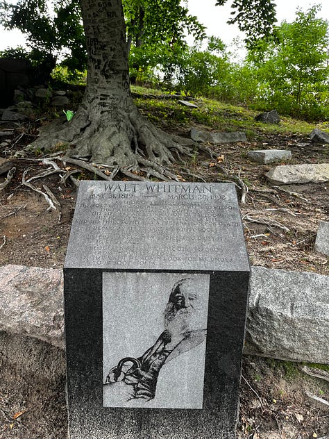 Images of Walt Whitman's final resting place: tomb, trees, plaque.