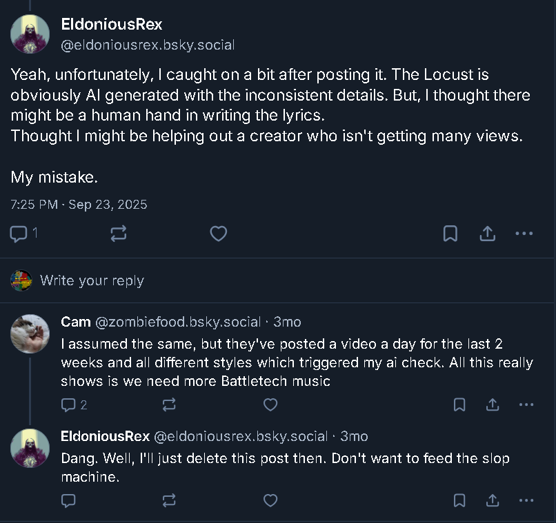 Bluesky conversation involving BattleTech artist EldoniusRex, in which Eldonious expresses regret at unwittingly sharing "slop machine" (AI) content.