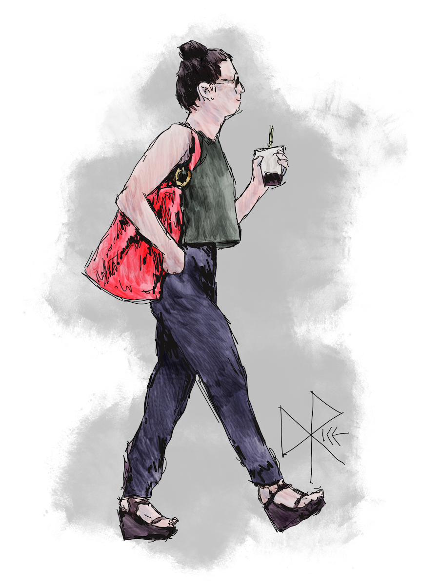 Marching with certainty in blocky platform sandals, a woman with a large purse on her shoulder enjoys a sugary carbonated drink on the go. Sketch art by Don Rice. Marching with certainty in blocky platform sandals, a woman with a large purse on her shoulder enjoys a sugary carbonated drink on the go. Sketch art by Don Rice.