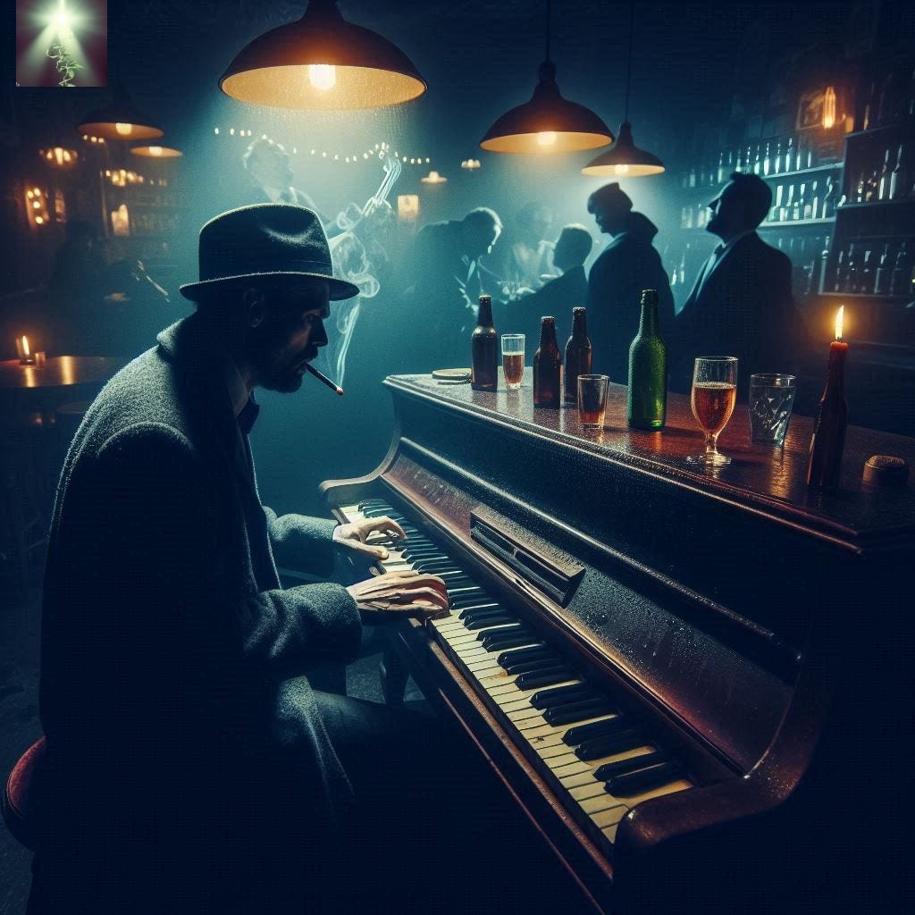 Piano player in a trilby and trench coat, smoking in a dimly lit bar room with glasses lined up on the upright piano.
