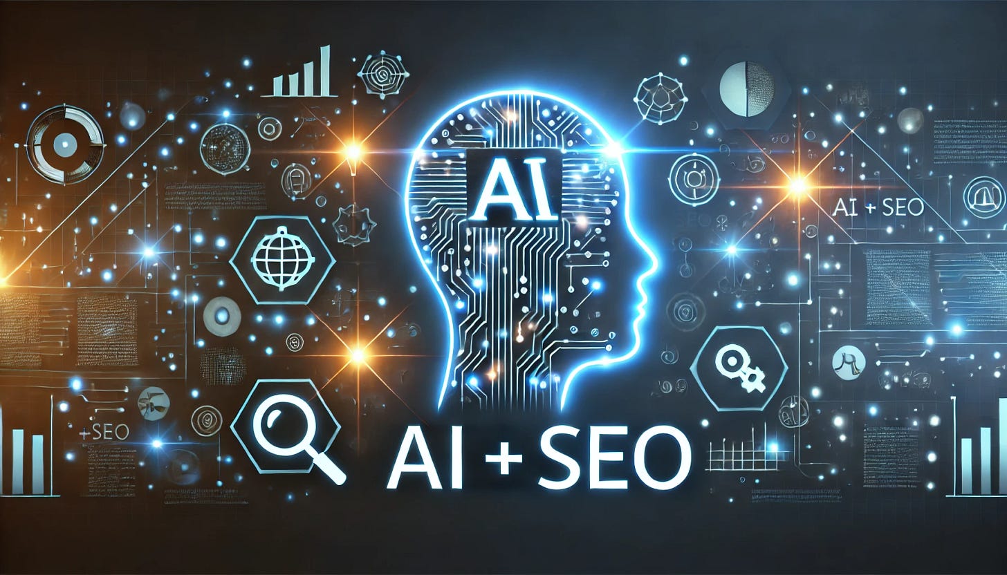 A futuristic-themed wide image showcasing the concept of AI and SEO integration. On the left, a glowing outline of a human head made of circuits and lights representing AI, and on the right, a similar outline of a head filled with minimalistic SEO icons such as graphs, magnifying glasses, and data symbols. The background is a gradient of dark blue to light blue with glowing digital particles. The text 'AI + SEO' is centered and bold, maintaining a clean and modern aesthetic.