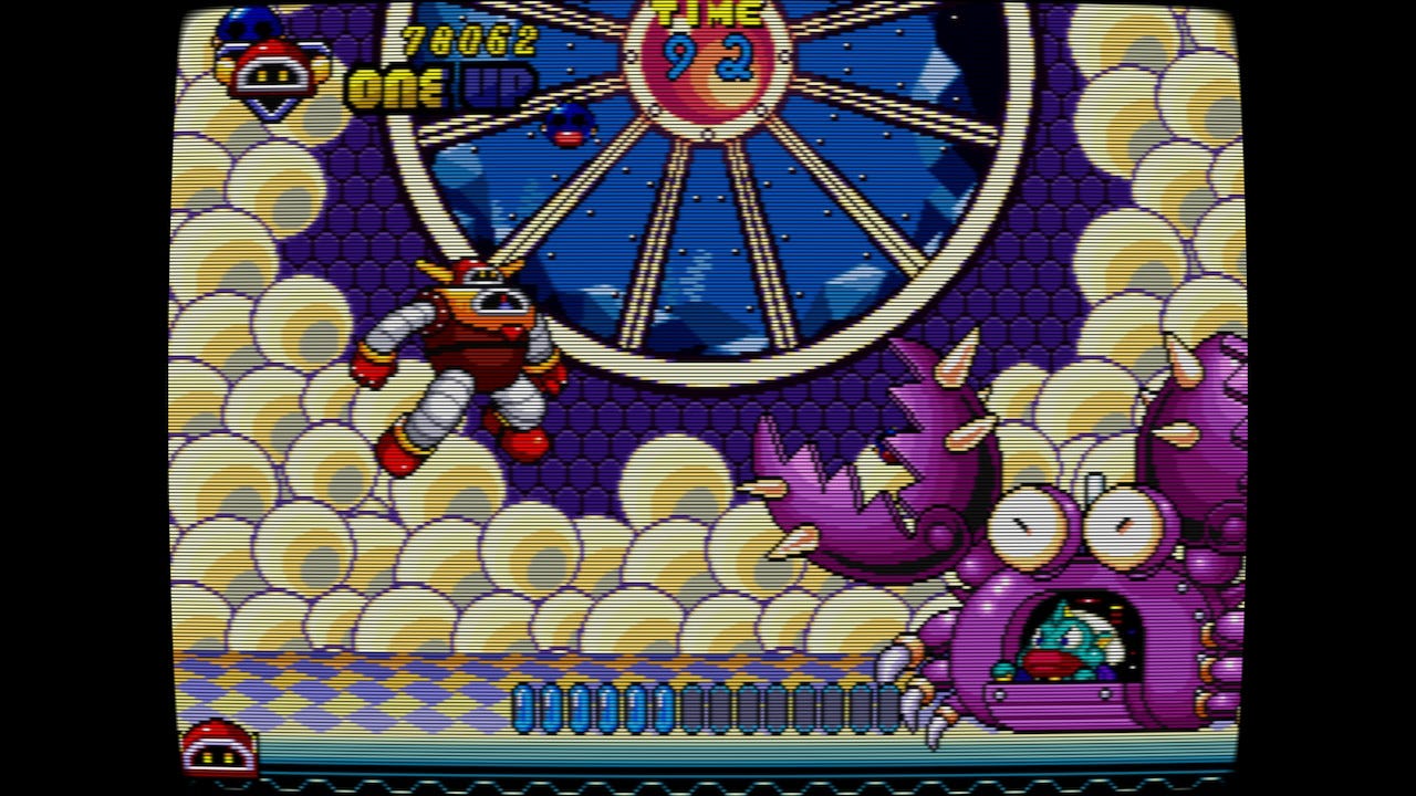 The robot Gush jumps towards a giant crab boss.